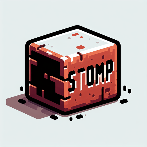 a forward facing brick with the writing "Stomp" Single Game Texture. In-Game asset. 2d. Blank background. High contrast. No shadows.