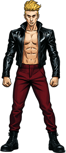 Idle animation, sleek graceful man Cyberpunk manga, facing forward idle pose shiny black leather biker jacket longsleeves shirtless Skinny abs blonde pompadour guy, action shot wine red joggers combat boots, Background removed, "Full-body character, entirely in frame, no cropping of face, head, or feet" "Complete character visible, from head to toe, fully centered in the image" "Entire character, including face and boots, fully within the frame" Character fully contained within a square frame, no edges cut off fashion model pose