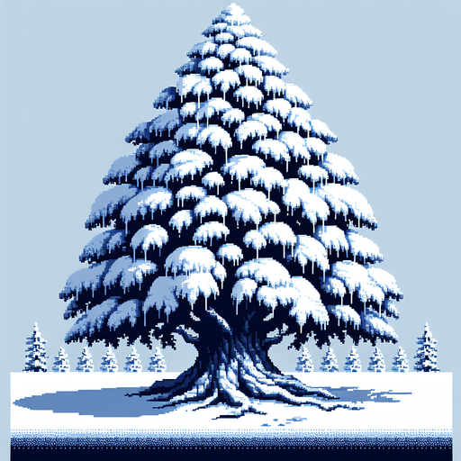 pixel art of a large tree covered in snow.
Single Game Texture. In-Game asset. 2d. Blank background. High contrast. No shadows.