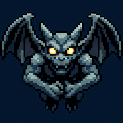 um gárgula voador com olhos brilhantes, pixel 32bits art style, vista aerea frontal.
In-Game asset.  2d.  High contrast.  No shadows