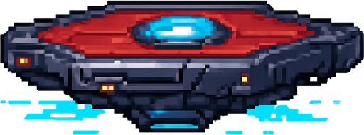 Mechanical floating platform, red metal surface with glowing energy core, sci-fi futuristic design, sleek metallic texture, blue energy particles or trails around edges, hovering effect, technological appearance with small lights or circuits, 2D pixel art style, side view, transparent background.
In-Game asset.  2d.  High contrast.  No shadows