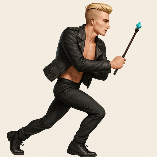 Blonde undercut pompadour black leather biker jacket longsleeves holding magic wand teal gemstone tip shirtless skinny toned abs pecs Switch arm positions, arm crossed in front of body, profile side view, running, Background removed, "Full-body character, entirely in frame, no cropping of face, head, or feet" "Complete character visible, from head to toe, fully centered in the image" "Entire character, including face and shoes, fully within the frame" Character fully contained within a square frame, no edges cut off