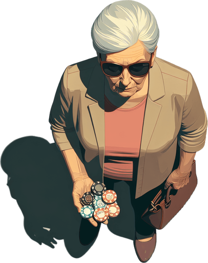 Top down image of an old lady carrying poker tokens wearing sunglasses. Single Game Texture. In-Game asset. 2d. Blank background. High contrast. No shadows.