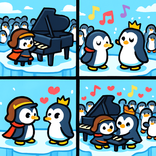4-panel comic strip, no text, cute cartoon style, bright colors, black outlines.
Characters: Penguin Hero (small, determined) + Penguin Princess (elegant, crown) + Village Penguins
Central Theme: Music connects hearts, piano mastery wins love. Story: Hero's grand performance wins Princess's heart and village's admiration

Panel 1: Hero plays grand piano on large ice stage, whole village watching
Panel 2: Beautiful music fills the air, all penguins are enchanted, notes sparkle
Panel 3: Princess approaches Hero, heart symbols floating between them
Panel 4: Hero and Princess together at piano, playing duet, village celebrates with hearts/music notes everywhere.
In-Game asset.  2d.  High contrast.  No shadows