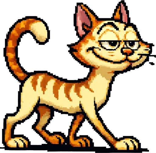 Gato con el estilo pixel art de earthworm jim mezcla con ren y stimpy, gracioso y soberbio pero adorable, caminando en cuatro patas, alto , visto de perfil, es un gato bellisimo de exposicion con pelaje suave y el lo sabe
In-Game asset.  2d.  High contrast.  No shadows