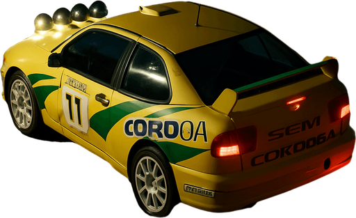 Photorealistic Seat Cordoba Rallycar in nightlight, drone topview from back and 45 degrees angle in top right corner