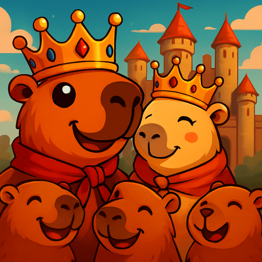 Utilizando este rey. Pon de fondo un castillo. Al rey feliz con su reina. Los capybaras subditos alrededor felices.
