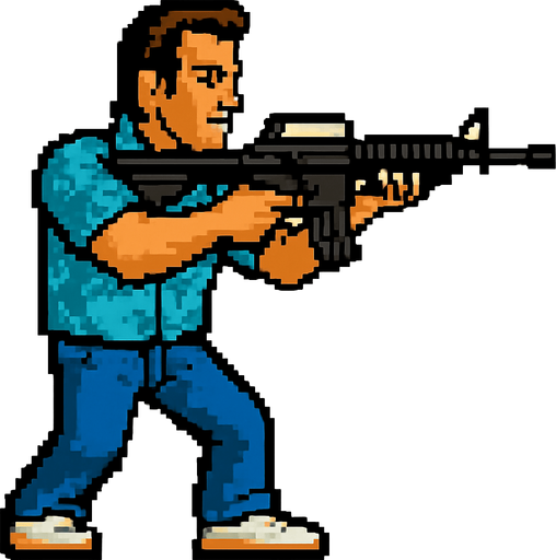 tommy vercetti de gta vice city hecho con pixeles apuntando con un rifle de asalto m4 con la perspcetiva lateral.
In-Game asset.  2d.  High contrast.  No shadows