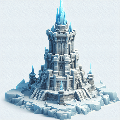 A super awesome turret tower built of ice blocks. Front view perspective. Single Game Texture. In-Game asset. 2d. Blank background. High contrast. No shadows.