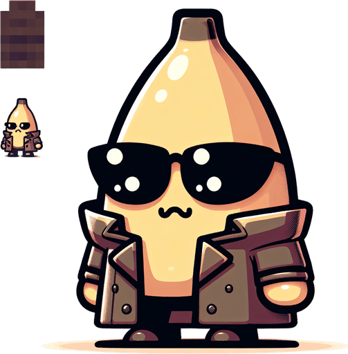 video game cute banana Pokémon with Matrix-like black glasses and a trench coat, oversized head occupying most of its body, standing on two tiny chubby feet at the bottom, tiny adorable creature with a cute angry expression, looking straight ahead, facing the camera directly. 2D flat vector illustration.
Single Game Texture. In-Game asset. 2d. Blank background. High contrast. No shadows.