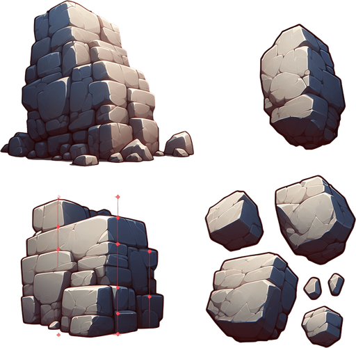 A animated image of a stone boulder.
Single Game Texture. In-Game asset. 2d. Blank background. High contrast. No shadows.
