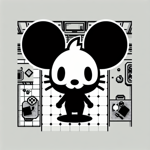 top-down view, videogame kitchen mickey mouse 
character, 90s style sticker, flat, no perspective, silhouette,  black and white, cartoon, fun, simple,.
Single Game Texture. In-Game asset. 2d. Blank background. High contrast. No shadows.