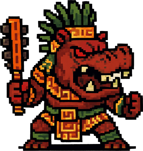 Genérame un hipopotamo guerrero azteca con eso patrones, estilo pixelar, con una apariencia maligna, ojos rojos, rabioso. Unidad cuerpo a cuerpo. Animal..
In-Game asset.  2d.  High contrast.  No shadows