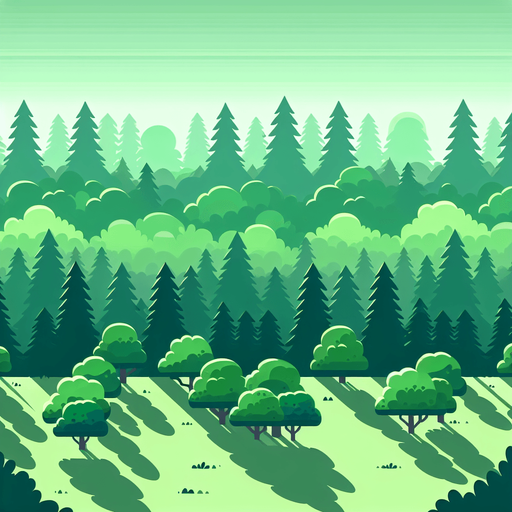 green theme forest by green tones to the sky , not to much detail just simple tree shadows trees has no details just shadowed green and shadowless places, beautiful view.
Single Game Texture.  In-Game asset.  2d.  Blank background.  High contrast.  No shadows