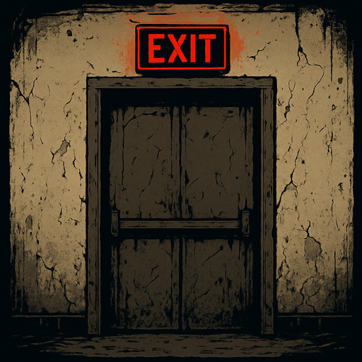 Make a door with a white wall like it was in an abandoned school on top of the door is a glowing red exit sign.
In-Game asset.  2d.  High contrast.  No shadows