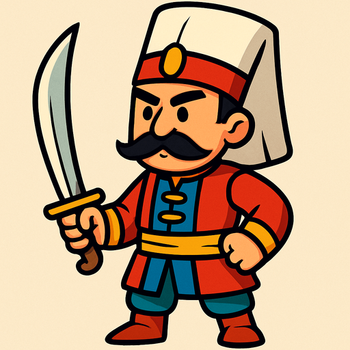 Animasyon çizgi dizi tarzında elinde kılıç olan bir osmanlı yeniçerisi.
In-Game asset.  2d.  High contrast.  No shadows