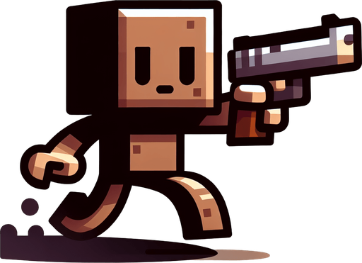 Brown block shooting a gun 2d.
Single Game Texture. In-Game asset. 2d. Blank background. High contrast. No shadows.