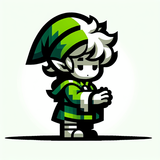 Profil view of a cute little elf with a green hat, standing with his hands in front of him.no background . no floor. In-Game asset. 2d. Blank background. High contrast. No shadows.