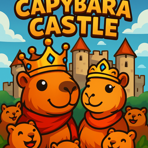 Utilizando este ejemplo. Hay un castillo al fondo. Al frente esta el rey capybara y la reina capybara tranquilos y los capibaras habitantes estan rodeandolos felices. Elimina el cañon de detras. Agrega el titulo de juego en la parte superior: Capybara Castle.
In-Game asset.  2d.  High contrast.