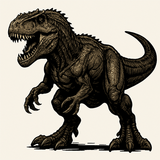 A massive Giganotosaurus dinosaur with rough, dark brown and gray scaly skin. It has a large, powerful head with sharp teeth visible in a slightly open mouth. The muscular body shows visible muscle definition and thick, tough skin. The claws are sharp, and the stance is aggressive and dominant..
In-Game asset.  2d.  High contrast.  No shadows