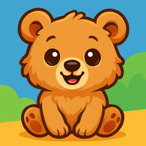 A cute cartoon-style bear character designed for a mobile game. Fluffy fur, big round eyes, small black nose, rounded ears, standing or sitting with a joyful and friendly expression. Light brown or beige color, simple colorful background. High-quality digital illustration, perfect for a kids game..
In-Game asset.  2d.  High contrast.  No shadows. cartoon style