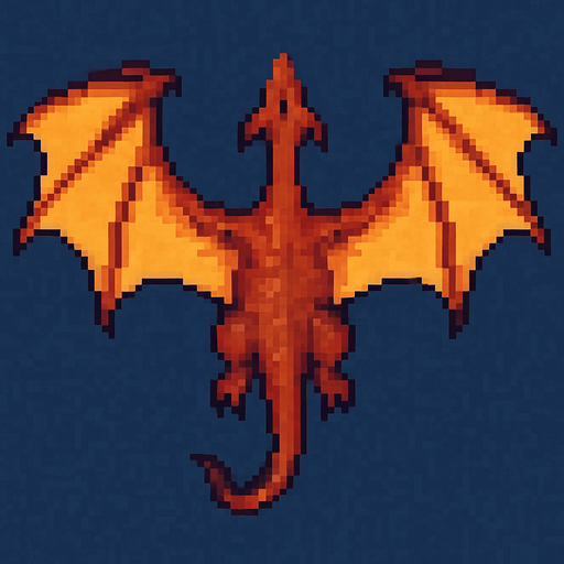 dragón volando pixel art.
In-Game asset.  2d.  High contrast.  No shadows vista desde arriba
