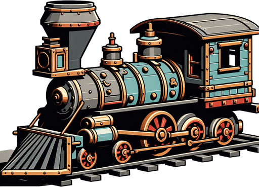 2d western toy train side view.
Single Game Texture. In-Game asset. 2d. Blank background. High contrast. No shadows.