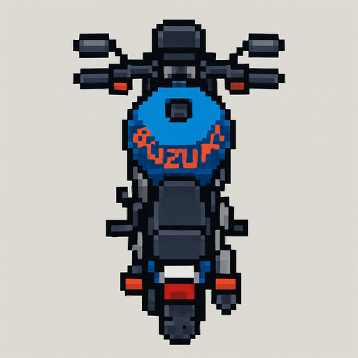 bird's eye pixel art motorcycle suzuki.
In-Game asset.  2d.  High contrast.  No shadows