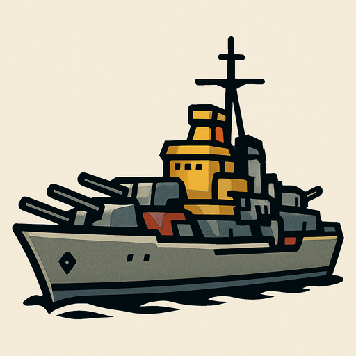 The medium warship balances speed and firepower. It is equipped with multiple cannons and moderate armor. It moves steadily and can withstand more hits than smaller ships, making it a tougher target..
In-Game asset.  2d.  High contrast.  No shadows