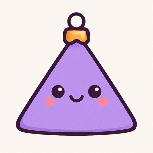 Perfectly triangle purple Christmas decoration with cute happy face. Cartoon style. Cute art style. Simple vector style.
