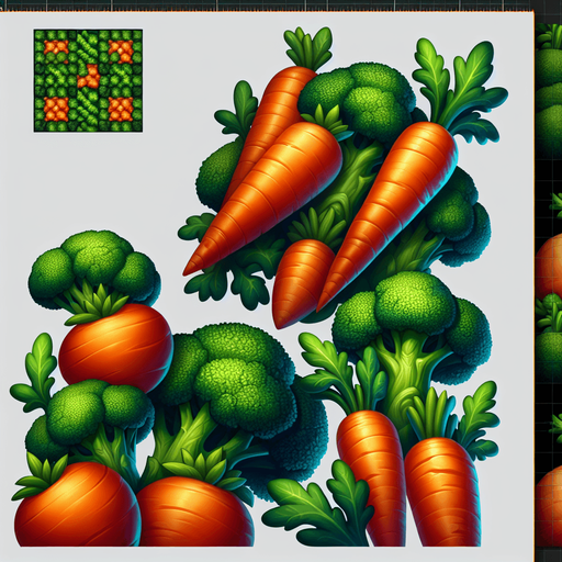 carrots and brocolli.
Single Game Texture. In-Game asset. 2d. Blank background. High contrast. No shadows.
