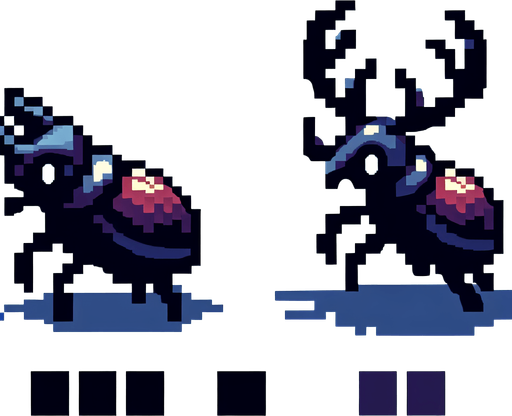 no shadow European stag beetle 8 bit chibi image stand and walk.
Single Game Texture.  In-Game asset.  2d.  Blank background.  High contrast.  No shadows