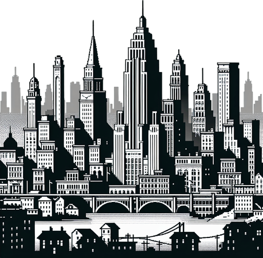 Make a city background.
Single Game Texture.  In-Game asset.  2d.  Blank background.  High contrast.  No shadows