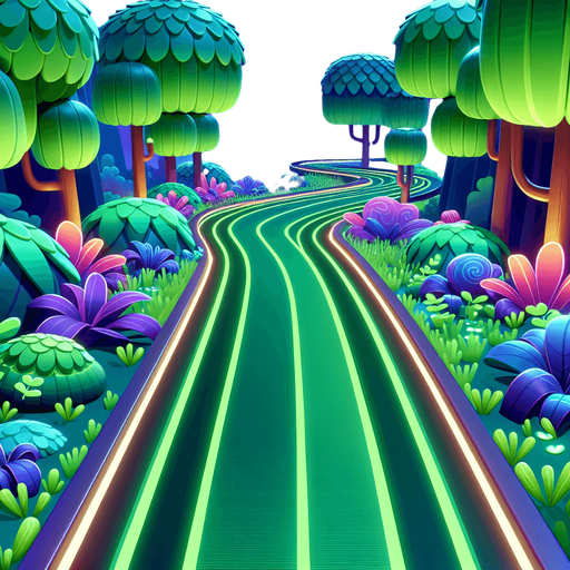 "A straight grassy path with glowing green neon edges, lined with vibrant flowers and futuristic-looking trees on both sides. The background is in a cyberpunk style with soft glowing grass, bioluminescent flowers, and stylized trees with colorful leaves. Bright, clean night setting with a subtle purple-blue sky glow in the distance, suitable for a side-scrolling neon runner game. Stylized, vibrant, 2D art.".
Single Game Texture.  In-Game asset.  2d.  Blank background.  High contrast.  No shadows