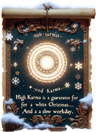 a pergament of many snowflakes in the sky. With a high good Karma Counter. There is the text "high karma is a guarantee for a white christmas... and a slowly workday"
