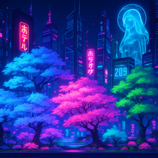 Neon cyberpunk anime city skyline futuristic holograms