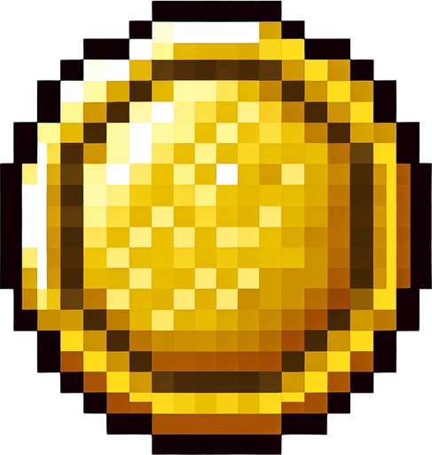 Pixelated gold coin.
Single Game Texture.  In-Game asset.  2d.  Blank background.  High contrast.  No shadows