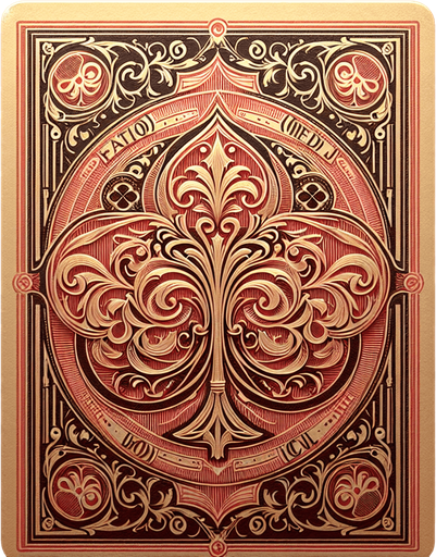 The back of a card. It's a faded red color and features a beautiful gold Edwardian design. The cards look slightly old, as if used for many years..
Single Game Texture. In-Game asset. 2d. Blank background. High contrast. No shadows.