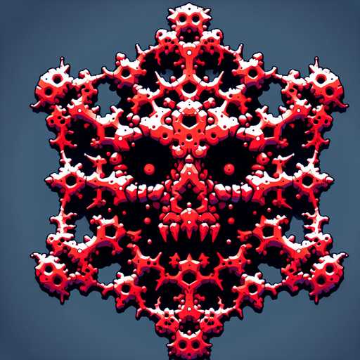 a very deadly and sharp snowflake with skull shape, red, cartoon Single Game Texture. In-Game asset. 2d. Blank background. High contrast. No shadows.