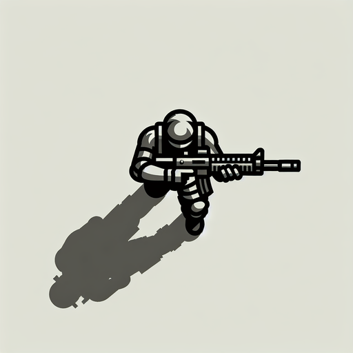 hero with a gun, shoots forward, top view, topdown.
Single Game Texture. In-Game asset. 2d.TopDown. Blank background. High contrast. No shadows.