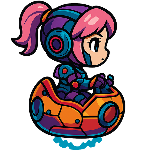 Side view, cute female cyberpunk robot, looking right, full body, chibi, riding in a hover sphere with energy glow at bottom, hands on controls
In-Game asset.  2d.  High contrast.  No shadows