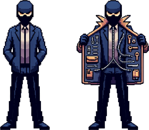 uma spritesheet de um espião desconhecido, a segunda sprite é dele abrindo sua jaqueta para mostrar os itens que ele tem pixel art.
Single Game Texture. In-Game asset. 2d. Blank background. High contrast. No shadows.