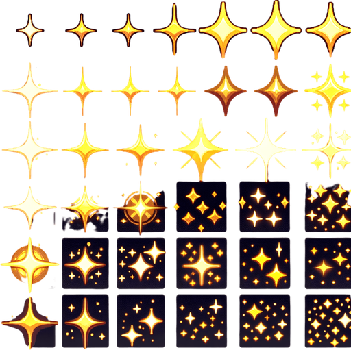 A sprite sheet of different golden sparkles..
Single Game Texture. In-Game asset. 2d. Blank background. High contrast. No shadows.