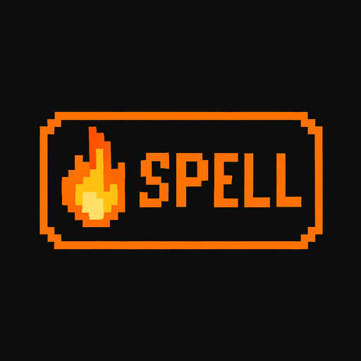 Black button with an orange outline that says "Spell" and has a fire icon, pixel art.
In-Game asset.  2d.  High contrast.  No shadows