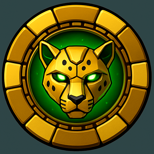 Change the image of a shield in the center into a robotic cheetah head. Change the background color in the center to green.