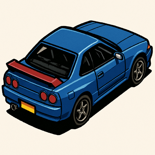 JDM car, seen from behind see from 45 degree 

Top-down, gta2, Single Game Texture. In-Game asset. 2d. Blank background. High contrast. No shadows.isometric