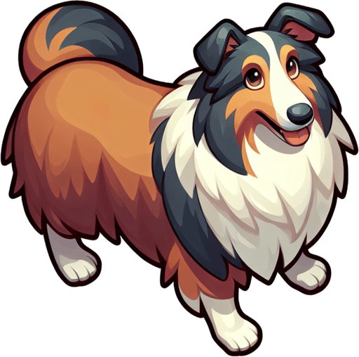 Collie shepherd dog, top view, cartoon style.
Single Game Texture. In-Game asset. 2d. Blank background. High contrast. No shadows.