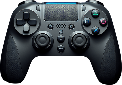A sleek game controller inspired by a PlayStation design, viewed from a front perspective. On the left side, there is a cluster of four directional arrow buttons arranged in a cross pattern. On the right side, four distinct circular buttons are arranged in a diamond shape, each with a unique symbol: a blue button with a simple 'X', a red button with a 'O', a green button with a triangle, and a pink button with a square. The controller itself is ergonomic, with a clean and modern design, featuring a matte black surface and subtle accents for a polished and professional gaming aesthetic..
Single Game Texture. In-Game asset. 2d. Blank background. High contrast. No shadows.