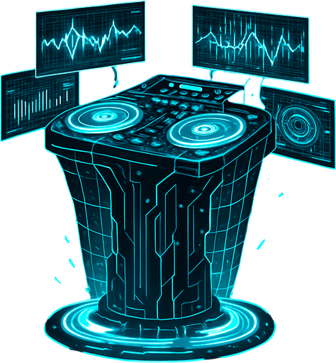 Una torre que es una mesa de DJ futurista y auto-programable, flotando sobre el suelo. Tendría múltiples pantallas holográficas que muestran complejos patrones de ondas sonoras y datos. Los platos serían discos de energía giratorios que emiten luz y chispas, y la torre en sí podría estar rodeada por un campo de fuerza o una rejilla de luz..
In-Game asset.  2d.  High contrast.  No shadows