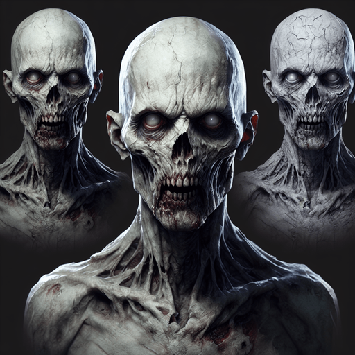 A scary zombie.
Single Game Texture.  In-Game asset.  2d.  Blank background.  High contrast.  No shadows